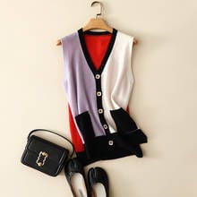 high-end 100% cashmere cardigan with pocket for women knitted sleeveless patchwork designs winter knitwear 2024 - buy cheap