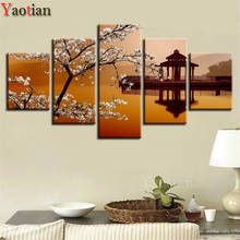 5 Piece Full Square Round Diamond Painting Sakura Lake Pavilion Landscape Cross Stitch Kits Multi-Picture 5D Diamond Embroidery 2024 - buy cheap