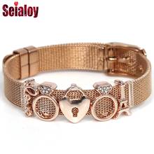 Rose Gold Stainless Steel Mesh Watch Belt Bracelet For Women Couple Lover Original Crown O Love Lock Tower Charm Bracelet Bangle 2024 - buy cheap