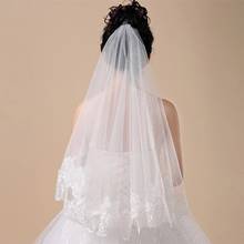 Véu de noiva curto 120cm, branco, uma camada, renda, flor, apliques 2024 - compre barato