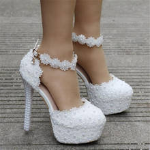Женские свадебные туфли на платформе 14 см, белые кружевные туфли с круглым носком, туфли на высоком каблуке, свадебная обувь больших размеров 40, 41, туфли-лодочки с цветочными бусинами 2024 - купить недорого