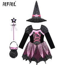 Fantasia de bruxa para crianças, roupa de bruxa para cosplay, mangas compridas com estampa de estrelas prateadas e brilhantes, vestido de festa com chapéu e bolsa 2024 - compre barato