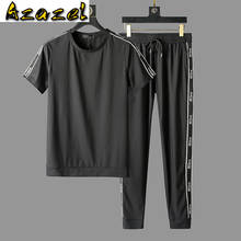 Conjunto masculino de verão azazazel, camiseta e calça de luxo, letras pretas, manga curta, agasalho masculino, tamanho grande 5xg, conjunto slim fit 2024 - compre barato