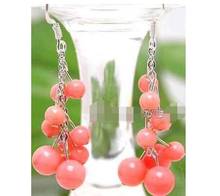 Free Shipping  new hot SALE GENUINE 4-6mm Round Natural Pink coral 2" Grape Dangle earring hook 2024 - buy cheap