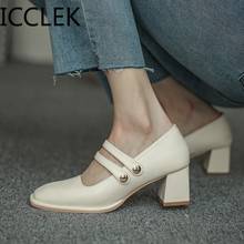 ICCLEK Female Mary Janes Leather Pumps Med Heel Square Toe Autumn New Fashion Women Pumps Shoes OL Work Office Heels 2024 - buy cheap