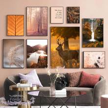 Autumn Forest Mountain Lake Waterfall Landscape Poster Tree Leaves Reed Deer Canvas Painting Wall Art Nordic Pictures Bedroom 2024 - buy cheap