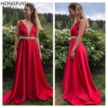 Hongfuyu-vestido de festa de cetim, elegante, noite, noite, com decote em v, vestido formal, faixa com miçangas 2024 - compre barato
