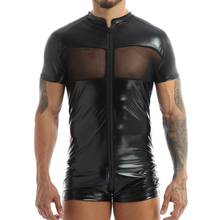 Mens Bodysuit One-piece Shiny Metallic Costume Crew Neck Mesh Patchwork Skin-Tight Leotard Short Bodysuit Jumpsuit Clubwear 2024 - buy cheap