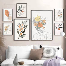 Pintura abstrata de arte para parede, flor, mulher, rosto, laranja, arte de parede, pôsteres nórdicos, impressões, imagens de parede para sala, decoração de casa 2024 - compre barato