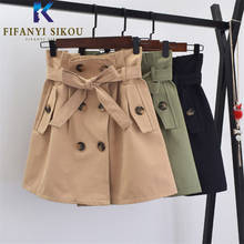 2020 Women High waist Skirt Fashion Double Breasted Lace up Casual Mini Skirt Spring Summer Women's Loose A-Line Short Skirts 2024 - buy cheap