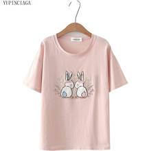 Camiseta Harajuku Kawaii de algodón con Bordado de conejo para mujer, camisetas de manga corta con cuello redondo, Camisetas básicas para mujer 2020 2024 - compra barato