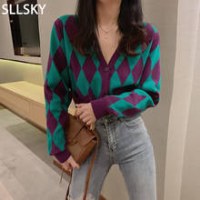 SLLSKY Argyle Plaid Women Cardigan Sweater Autumn New Short Contrast V-neck Loose Knitted Casual Vintage Korean Sweater Coat 2024 - buy cheap