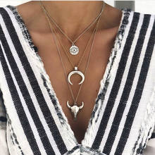 HuaTang Silver Color Moon Bull Head Punk Choker Pendant Necklace Women Multi-layer Chains Long  Necklace Jewelry Collares C18107 2024 - buy cheap