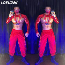 Костюм мужской для танцев, пикантный красный клубный танцевальный костюм с ремнем на плечах, одежда для выступлений, диджея 2024 - купить недорого