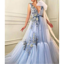 Icy Blue Evening Gown Formal Dress Long A Line V Neck Robe de soiree Appliqued Beads Elegant Prom Party Dresses Abendkleider 2024 - buy cheap