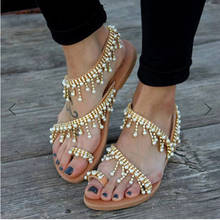 Sandálias planas de pérolas romanas, sandálias baixas com pérolas para mulheres, feito à mão, tamanho grande, moda verão 2024 - compre barato