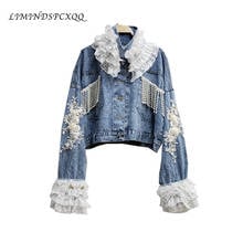 New Streetwear Autumn Heavy Pearl Bead Tassel Patchwork Lace Embroidered Denim Jackets Women Blue Short Jeans Coat Loose Outwear 2024 - buy cheap