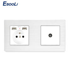 Esooli Aluminum Metal Panel French Socket 2.1A Dual USB Charge Port Female TV Outlet 172*86mm Wall Socket LED Indicator 2024 - buy cheap