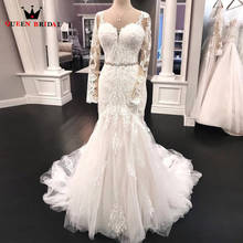Long Sleeve Mermaid Wedding Dress Tulle Lace Crystal Belt Luxury Sexy Bride Dresses Real Photos DJ03 2024 - buy cheap