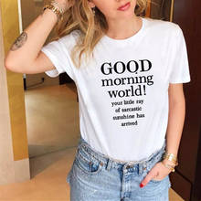 Good Morning World Printed Tee Shirt Femme O-neck Short Sleeve Cotton Tshirt Women Black White Summer Loose T Shirts Women Tops 2024 - buy cheap