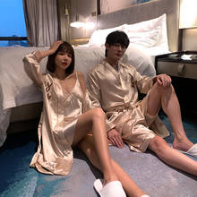 Summer Sexy Satin Silk Robe + Shorts & Robe+Nightdress Pajamas Sets Couple Sleepwear Family Pijama Lover Night Suit 2024 - buy cheap