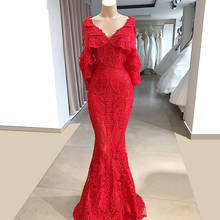 Red Muslim Evening Dresses Mermaid V-neck Long Sleeves Lace Beaded Dubai Saudi Arabia Long Prom Dress Gown Robe De Soiree 2024 - buy cheap