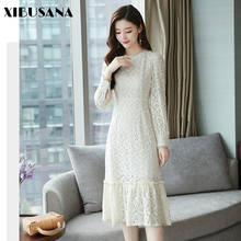 Xibusana vestido longo de cintura alta renda feminino, decote redondo fino, estilo coreano, outono 2020 2024 - compre barato