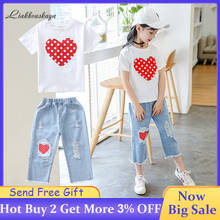 2020 Summer Girls Clothes Suit Youth Leisure Sports Suit  Short Sleeve Print T-Shirts +Elasticated Waist Ripped Jeans 2pcs Suits 2024 - buy cheap