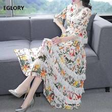 High Quality New Runway Style Dress 2020 Summer Women Sexy Wild Animal Flower Prints Lace Patchwork Flare Sleeve Mid-Calf Dress 2024 - buy cheap