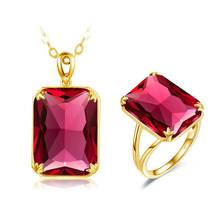 Szjinao-Conjunto de joyería de oro de 14K para mujer, juego de anillos colgantes de rubí rojo brillante, rectángulo Real, Plata de Ley 925, joyería fina, regalos 2024 - compra barato