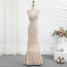 Elegant Champagne Mermaid Prom Dress Long Crew Neck Crystal Beaded Evening Dress Forma Gown Party Wear vestido de festa 2024 - buy cheap