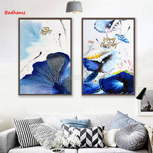 Poster Aesthetic Printing Canvas Frameless Painting New Chinese Blue Ink Lotus Animals Flying Bird Combination Decoration 2024 - buy cheap