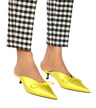 Sapatos amarelos de couro de cetim, chinelos das mulheres com faca, dedo do pé, amarração, bolinhas, gato, salto, preto, moda ao ar livre 2024 - compre barato