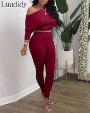 Women 2 Pcs Sets One Shoulder Long Sleeve Crop Top & High Waist Pants Set 2024 - buy cheap