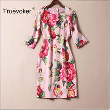 Truevoker Designer Dress Women's Half Sleeve Pink Rose Floral Printed Pencil Dress Plus Size Summer Boutique Vestido 2024 - buy cheap