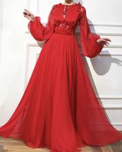 Muslim Evening Dresses A-line Long Sleeves Chiffon Lace Appliques Red Dubai Kaftan Saudi Arabic Long Evening Gown Prom Dress 2024 - buy cheap