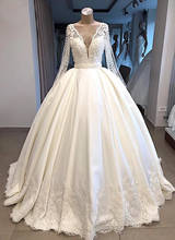 Ball Gowns Long Sleeves Wedding Dresses Lace Appliques Pearls V Neck Satin Bridal Gowns Robe De Mariee 2024 - buy cheap