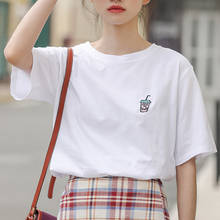 Camiseta feminina bordada com gola redonda, camiseta solta de manga curta para mulheres, casual e básica, verão, 100% algodão 2024 - compre barato