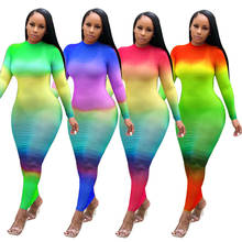 BKLD Rainbow Print Gradient Color Women Mesh Spliced Hollow Out Bodycon Party Autumn Long Sleeve Sheer Dress Perspective Dresses 2024 - buy cheap