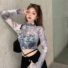 Manga larga dama Stretch Sexy transparente Streetwear Hip-hop las mujeres Top gótico personaje de malla fino corto T camisa Verano de 2021 2024 - compra barato