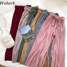 Woherb Korean Autumn Wide Leg Pants Women Casual High Waist  with Bow Belt 2022 New Pleated Pant Trousers Femme 21057 2024 - buy cheap