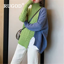 RUGOD-suéter con cuello alto para mujer, Jersey femenino de color de retales coreanos, Jersey de punto suelto dividido, top femenino de moda, novedad de invierno 2024 - compra barato