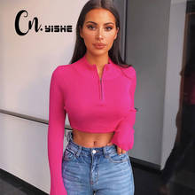 CNYISHE 2021 Spring Casual Neon Crop Tops T-shirt Women Solid Sexy Fitness Zipper Tees O-neck Long Sleeve T Shirts Blusas Female 2024 - buy cheap