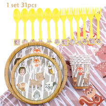 Kit com 31 peças de mesa descartável tema floresta animais, decoração de aniversário para chá de bebê, pratos, garfos, toalha, suprimentos para festa 2024 - compre barato