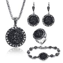 SAN343-Conjunto de joyería de resina de piedra triturada redonda negra, collar, pendientes, pulsera y anillo para mujer, regalo de fiesta 2024 - compra barato