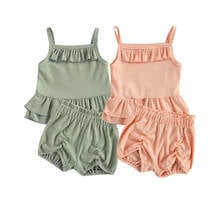 2Pcs Fashionable Little Girls Outfit, Summer Toddlers Solid Color Lace Decoration Sleeveless Suspender Top + Casual Shorts Set 2024 - buy cheap