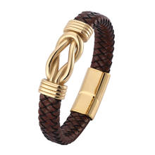Punk Bracelet Men Brown Leather Stainless Steel Unique Knot Shape Wristband Magnet Buckle Bracelets Male Jewelry Gift BB0750 2024 - buy cheap