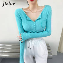 Jielur-Camiseta con cuello en V para mujer, camisa de fondo creativa, camisetas ajustadas de manga larga, Tops con botón de bolsillo para mujer 2021 2024 - compra barato