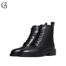 GOXEOU-Botines de punta redonda para mujer, zapatos informales con tacón cuadrado y encaje frontal, de PU, color negro mate, talla 32-40 2024 - compra barato