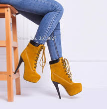 Bota feminina stiletto salto plataforma curta, calçado feminino ankle boot estiloso com cadarço laranja camurça para mulheres banquetes em estoque dropship 2024 - compre barato